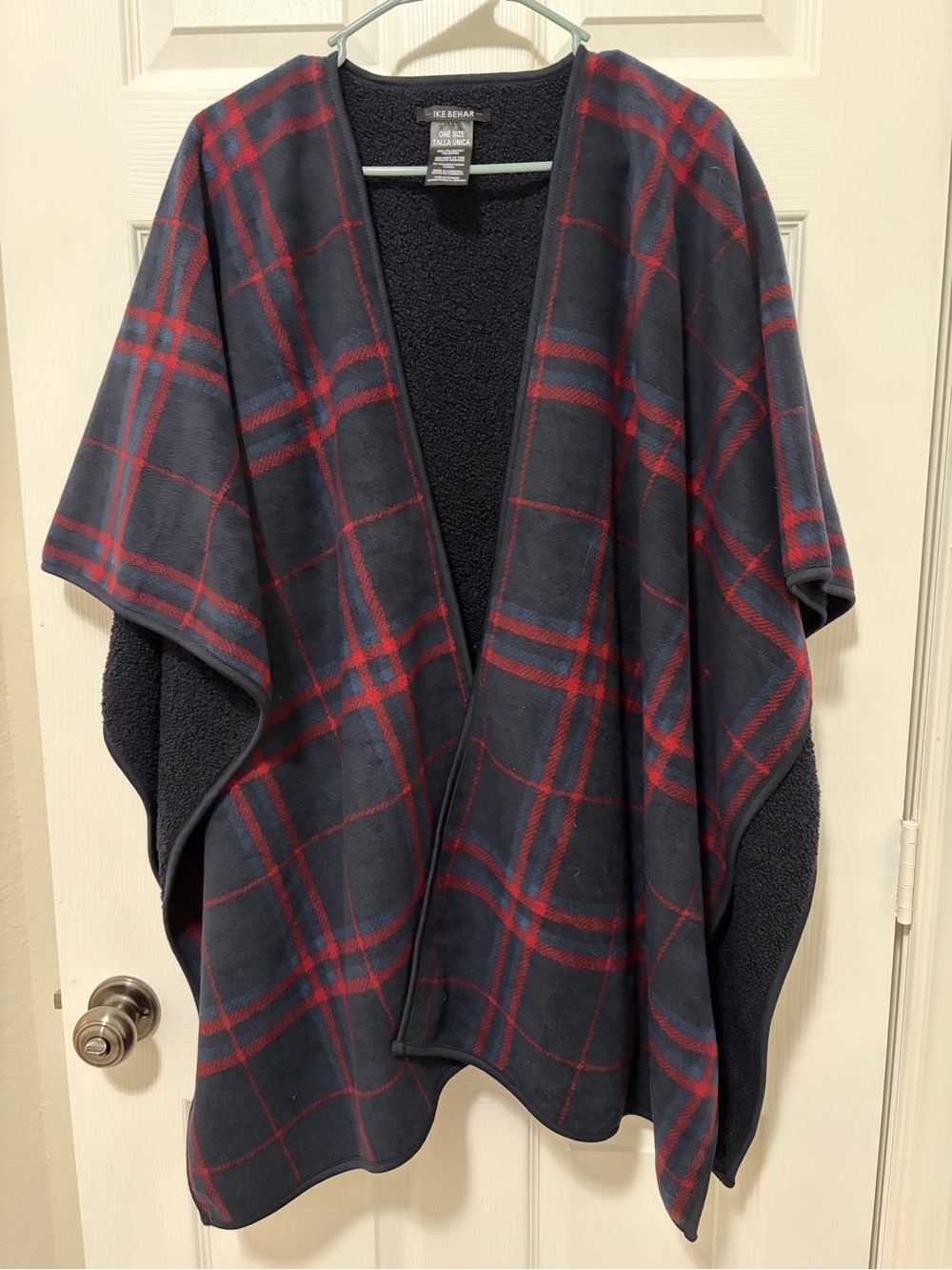 Ike Behar Navy and Red Plaid Wrap Cape